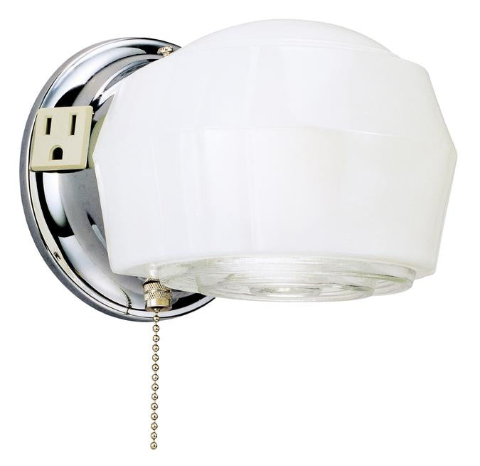 Westinghouse 6640200 1 Light Wall w/Outlet & Pull Chain Chrome Finish Base, White & Crystal Glass