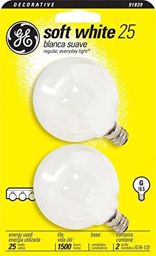 GE 25GC/W Bulb- 25W 120V G16.5 - Globe - Candelabra Base - 2 Pack