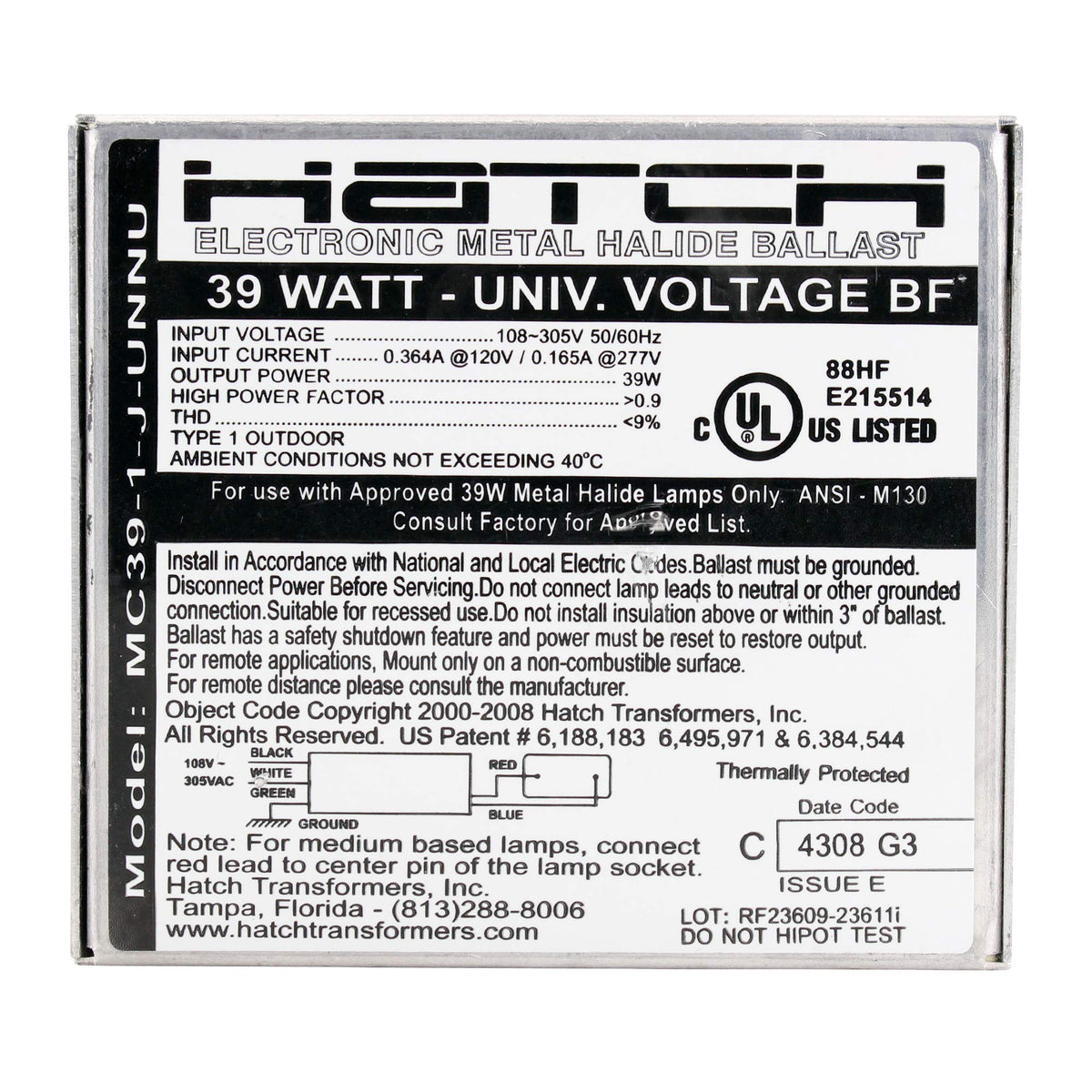 Hatch 35W Electronic Metal Halide Ballast 120-277V - MC39-1-J-UNNU
