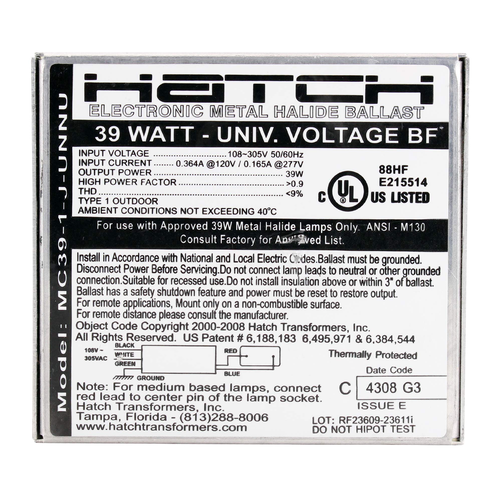 Hatch 35W Electronic Metal Halide Ballast 120-277V - MC39-1-J-UNNU