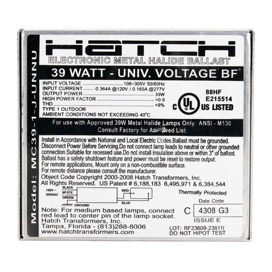 Hatch 35W Electronic Metal Halide Ballast 120-277V - MC39-1-J-UNNU