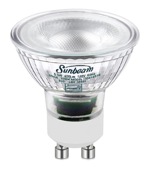 Sunbeam 5.5W LED GU10 3000K 400Lumens  25000HR Dimmable 120V